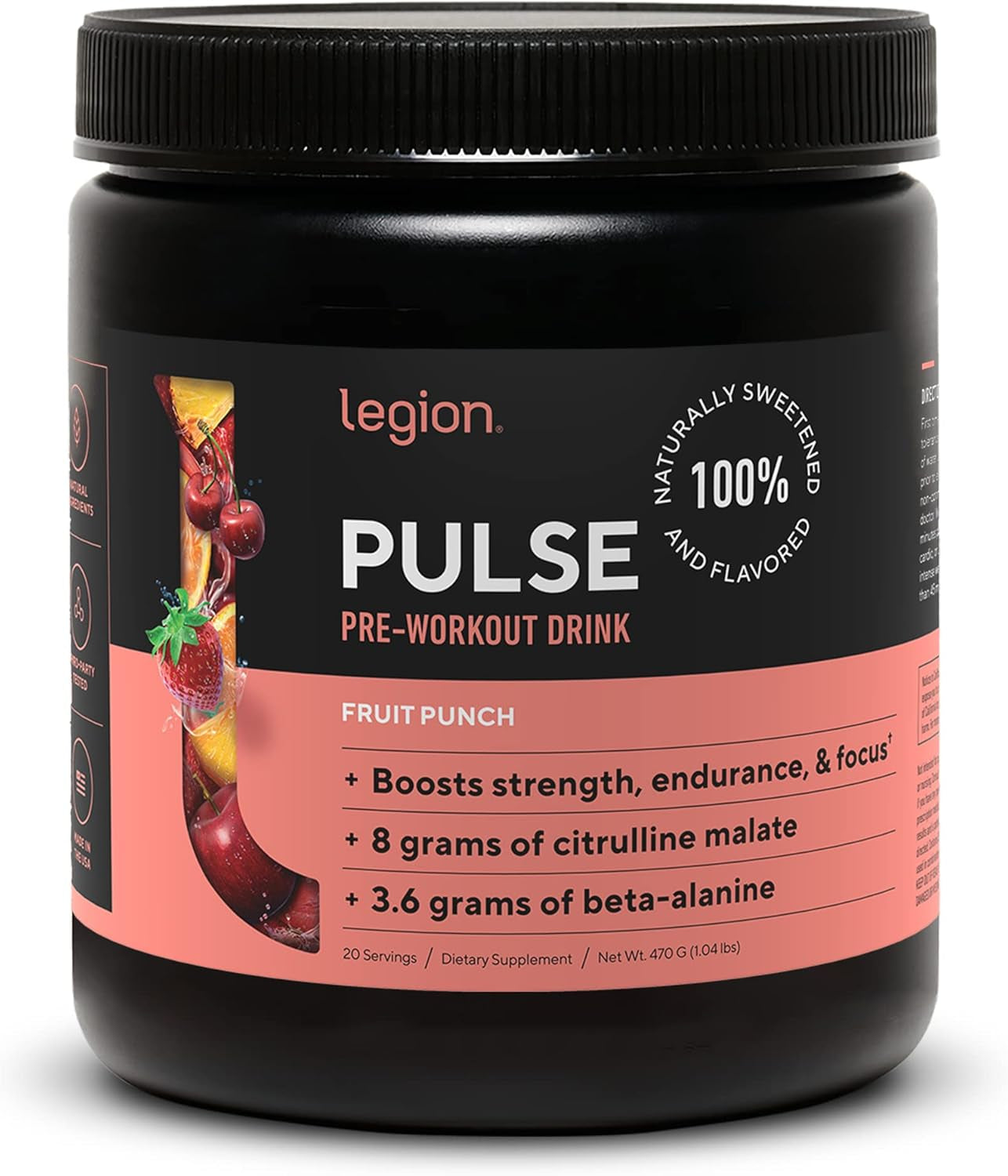 Pulse Pre Workout Supplement - All Natural Nitric Oxide Preworkout Drink to Boost Energy, Creatine Free, Naturally Sweetened, Beta Alanine, Citrulline, Alpha GPC (Fruit Punch)