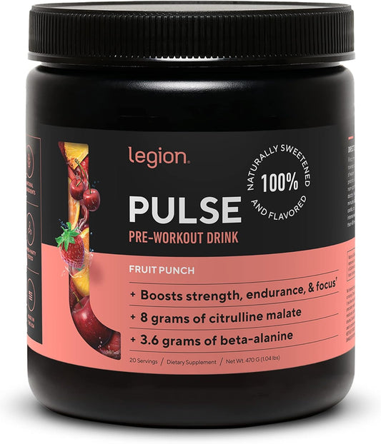 Pulse Pre Workout Supplement - All Natural Nitric Oxide Preworkout Drink to Boost Energy, Creatine Free, Naturally Sweetened, Beta Alanine, Citrulline, Alpha GPC (Fruit Punch)