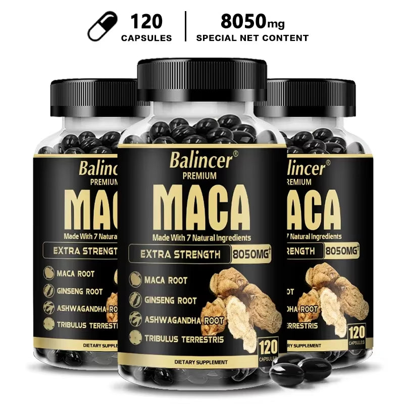 Organic Maca Root Capsules - with Ginseng Ashwagandha - Muscle Mass, Endurance and Performance