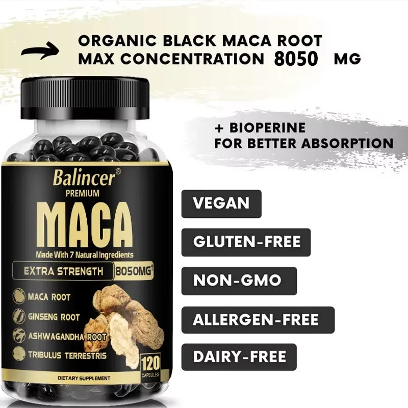 Organic Maca Root Capsules - with Ginseng Ashwagandha - Muscle Mass, Endurance and Performance