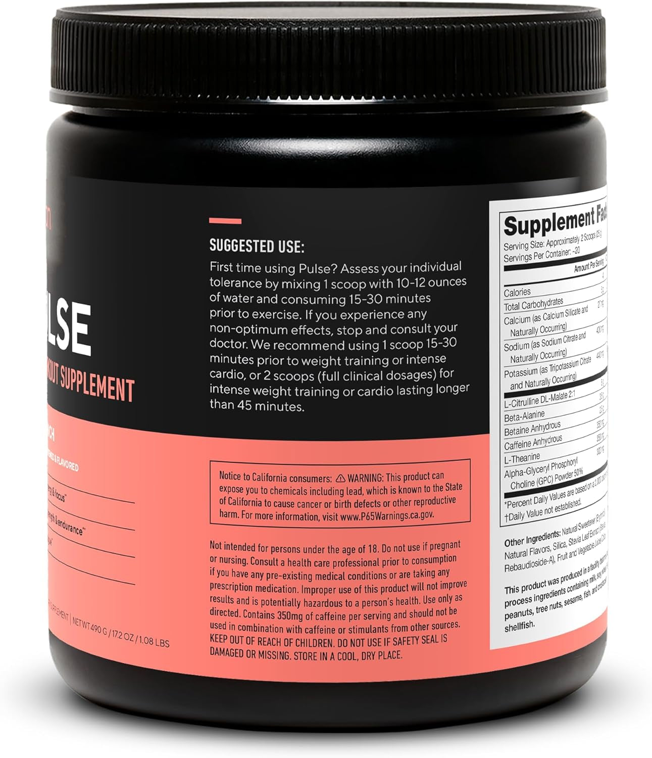 Pulse Pre Workout Supplement - All Natural Nitric Oxide Preworkout Drink to Boost Energy, Creatine Free, Naturally Sweetened, Beta Alanine, Citrulline, Alpha GPC (Fruit Punch)