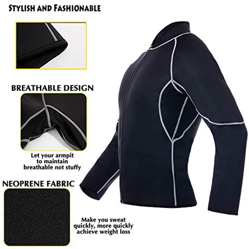 Men's Neoprene Sauna Suit Sweat Jacket - Weight Loss Long Sleeve Waist Trainer Body Shaper with Zipper